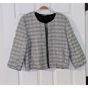 Express Womens Jacket Tweed Black and White Full Zip 3/4 Sleeve Size‎ L